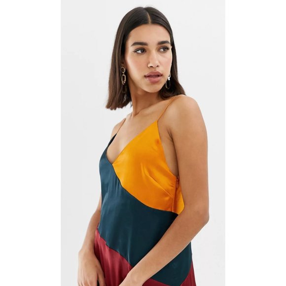 ASOS Color Blocked Pleated Skirt Satin Midi Dress - Picture 9 of 10